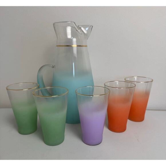 VTG Blendo Mid-Century Frosted Gold Trim 5 Glass and Pitcher Set West Virginia - Picture 1 of 16